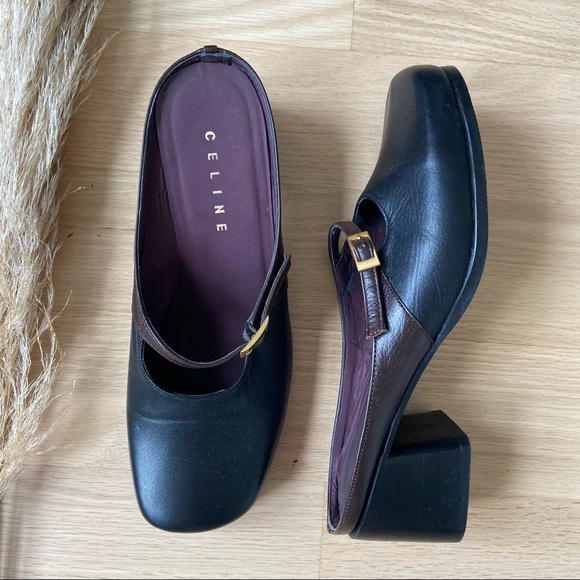 Celine Shoes - CELINE Black and Burgundy Leather Mary Jane Mules